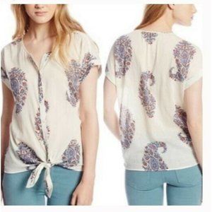 Peter Dunham for Lucky Brand Womens Top 3X Ivory White Paisley Button Up Tie